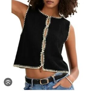 Black Sleeveless Crochet-Trim Vest